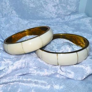 Pair of Vintage Brass Bangles With Bone Inlay